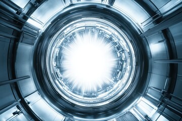Poster - bright light emanating from a circular metallic structure in a futuristic setting