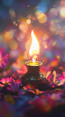 Poster - A vintage oil lamp glowing amidst colorful blooming flowers, with the warm light symbolizing peace, tranquility, and nostalgia, creating a serene, romantic atmosphere.