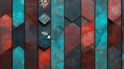 Poster - Abstract geometric stone texture with inlaid turquoise and red accents for artistic design