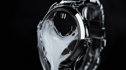 Aufkleber - Close-up of a luxury watch with milk splashing over it, highlighting the watch's sleek metal finish and the dynamic splash of milk, symbolizing precision and durability.