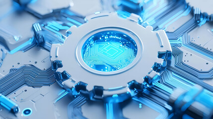 Poster - Futuristic Blue Circuit Gear with Glowing Chip Technology Design
