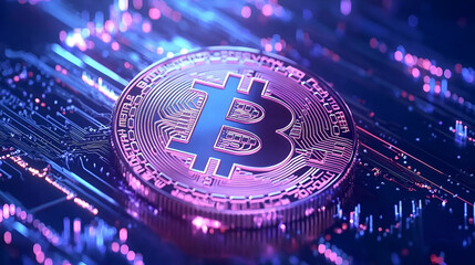 Poster - Vibrant Bitcoin Cryptocurrency Coin With Digital Circuit Background