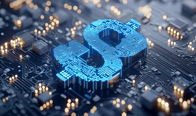 Poster - Digital Dollar Sign on Circuit Board with Glowing Lights
