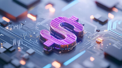 Poster - Digital dollar symbol on circuit board with glowing neon effects