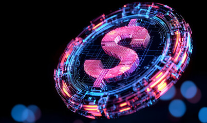 Poster - Futuristic Digital Currency Symbol with Neon Glow and Circuit Design