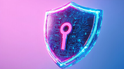 Poster - Digital Shield with Key Symbol and Circuit Patterns on Colorful Background