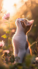 Poster - A curious kitten gazing up at a pink flower in a sunlit garden, symbolizing innocence, playfulness, and the beauty of nature during golden hour.