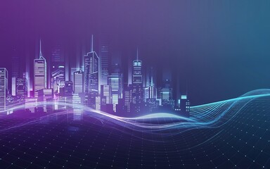 Poster - Futuristic Cityscape with Glowing Lines: A vibrant, digitally rendered cityscape, illuminated with neon colors and accented by flowing, glowing lines, creating a sense of technological advancement. 
