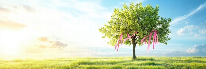 Poster - Colorful ribbons adorn a vibrant tree under a bright sky at sunrise in a serene landscape. Generative AI