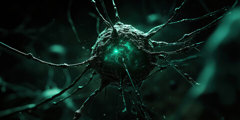 Poster - nanotechnology concept, detailed close up of glowing neuron with intricate connections, showcasing its structure and energy
