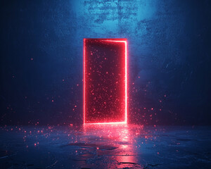 Aufkleber - A glowing red door appears on a dark, textured wall with sparkling particles, symbolizing opportunities, a new beginning, or a journey into the unknown.