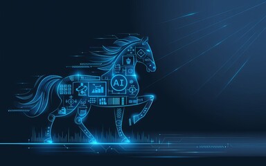 Poster - Cybernetic Steed: An elegant digital depiction of a horse formed from intricate circuits, symbols, and lines, representing the fusion of technology, Artificial Intelligence, and equine grace.