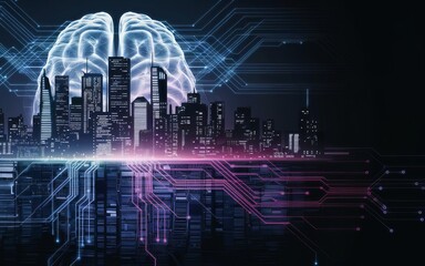 Poster - City of the Future: A futuristic cityscape seamlessly merges with a digital brain, highlighting technological innovation and intelligent urban design.