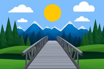 Poster - A flat vector illustration of a footbridge over a river in a modern design