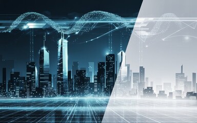 Poster - Digital Metropolis: A futuristic cityscape with neon lights and a network of interconnected data streams overlaid, symbolizing technological advancement.