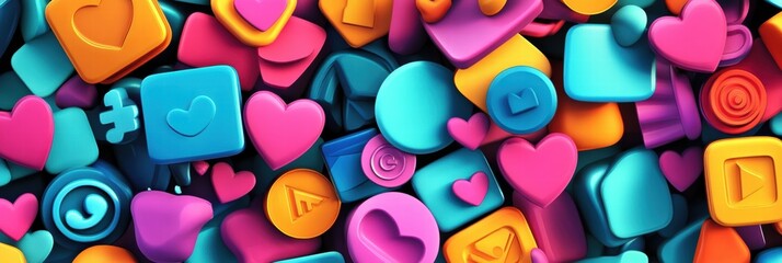 Fototapete - Colorful collection of playful social media icons scattered on a vibrant surface showcasing modern digital communication. Generative AI