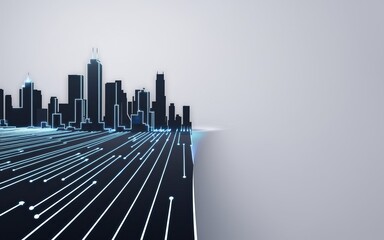 Poster - Cyber City: A futuristic city skyline comes to life with neon outlines against a soft, gradient backdrop. The city's buildings are connected by circuit board lines, hinting at a connected metropolis.