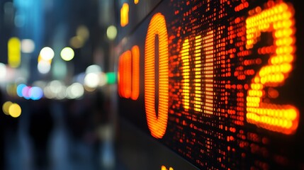 Poster - Close Up of L.E.D. Stock Ticker Showing Market Data Prices and Numbers at Night With Blurred Crowd