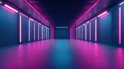 Poster - A futuristic hallway illuminated with vibrant pink and blue neon lights, creating a dynamic and modern atmosphere.