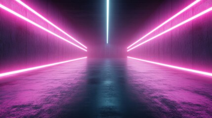 Poster - A futuristic corridor illuminated by vibrant pink and blue neon lights, creating a surreal atmosphere and reflections on the polished floor.