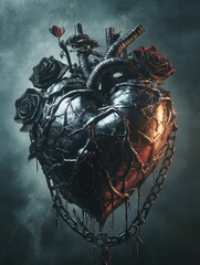 Poster - Striking metallic heart sculpture adorned with black roses and chains in a dark, moody atmosphere. Generative AI