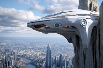 Poster - A futuristic 3D concept of a massive cliffside city carved into the rock face