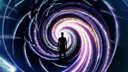 Poster - Silhouette of a man standing before a vibrant, swirling vortex of light and energy, evoking a mesmerizing visual experience filled with mystery and cosmic wonder
