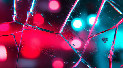 Poster - Vibrant neon colors reflecting through broken glass for creative design
