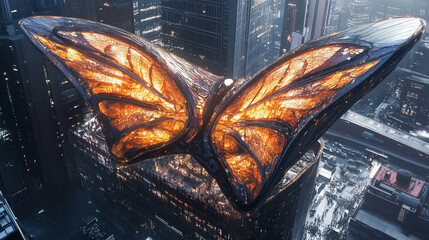 Aufkleber - A futuristic butterfly-shaped building with glowing wings above a cityscape, representing technology, innovation, and architectural creativity.