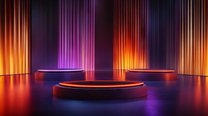 Poster - Colorful rotating platforms with glowing podiums in vibrant light display for event design