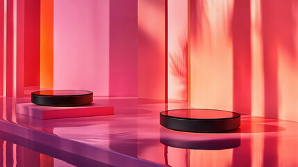 Poster - Vibrant display of modern podiums with built-in screens in abstract pink setting