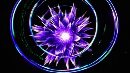Poster - Purple dahlia flower blooming inside a glowing neon circle, surrounded by dynamic light trails and sparkling particles, creating a mesmerizing visual effect