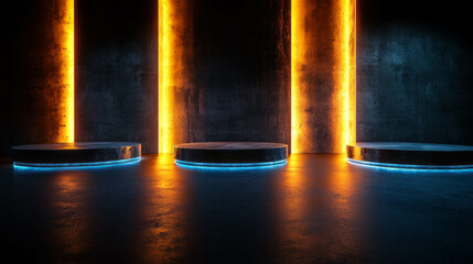 Poster - Futuristic industrial scene with illuminated metal podiums and dramatic lighting for design