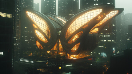 Aufkleber - A futuristic butterfly-shaped building illuminated with glowing lights amidst a modern city skyline, symbolizing innovation and architectural creativity in an urban environment.