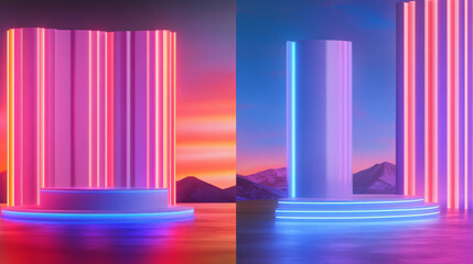 Poster - futuristic neon podiums with minimalist background for design display