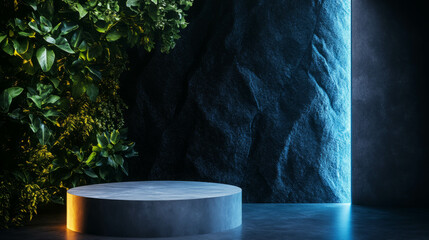 Poster - Minimalist architectural podiums with natural foliage and textured background for modern design