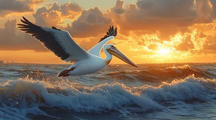 Poster - Pelican Sunset Flight Ocean Waves