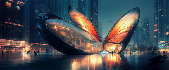 Aufkleber - A futuristic butterfly-inspired building illuminated at night amidst a vibrant urban skyline, symbolizing innovation, creativity, and modern architecture in a bustling cityscape.