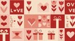 © Muaz - Valentine's Day pattern, geometric love symbols, pink and red color scheme, heart shapes, tulip flowers, gift boxes, retro style, seamless repeat, square tiles, 'LOVE' text