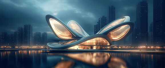 Aufkleber - A futuristic butterfly-inspired building with glowing wings amidst a city skyline at dusk, representing innovation, creativity, and cutting-edge architecture in an urban setting.