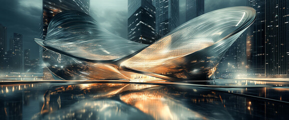 Aufkleber - A futuristic butterfly-inspired building with glowing wings and sleek design in an urban cityscape, symbolizing innovation, modernity, and architectural beauty at night.