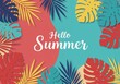 © Muaz - Colorful tropical leaves, palm fronds, monstera leaves, vibrant colors, red, blue, green, yellow, pink, teal, flat design, vector illustration, summer background