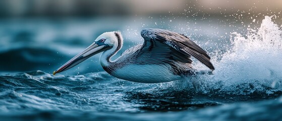 Poster - Pelican taking off from ocean waves at sunset. Wildlife background. Nature photography