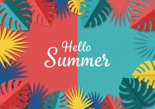 Colorful tropical leaves, palm fronds, monstera leaves, vibrant colors, red, blue, green, yellow, pink, teal, flat design, vector illustration, summer background