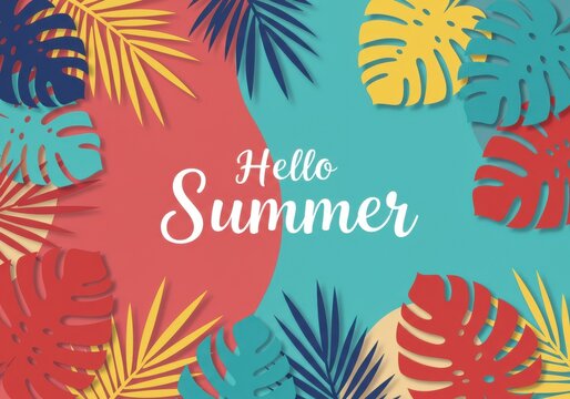 Colorful tropical leaves, palm fronds, monstera leaves, vibrant colors, red, blue, green, yellow, pink, teal, flat design, vector illustration, summer background