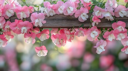 Sticker - Pink flowers cascading over wood, garden backdrop