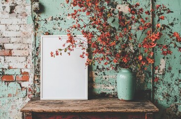 Fototapete - Creamy pink flowers in a mint pitcher are set against a white landscape frame mockup