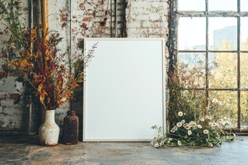 Fototapete - Mockup of a white landscape frame containing a vase with a bouquet of blooming wildflowers
