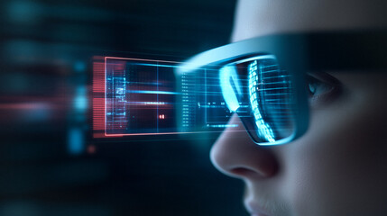 Poster - Innovation in Sight: Person Wearing Futuristic Smart Glasses, Overlayed with holographic interface, showing data visualization and augmented reality technology.