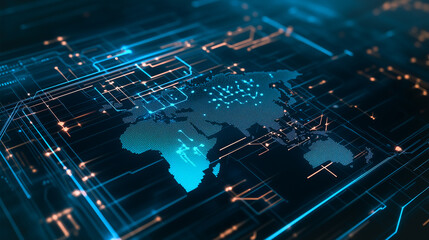 Poster - Global Network Circuitry: A stylized circuit board, featuring the world map at its core, pulsates with an electric glow, symbolizing global connectivity and technological innovation. 
